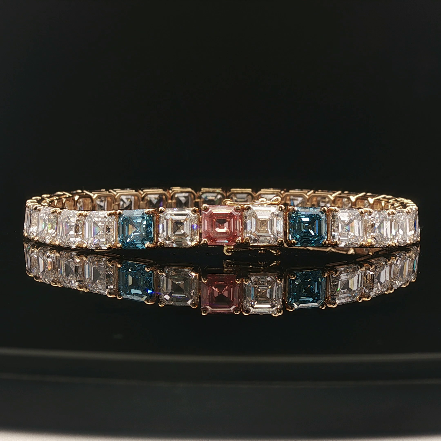 18KY 1ct each Assher Cut Tennis Bracelet 2 blue &1 vivid pink Rest D-E VVS