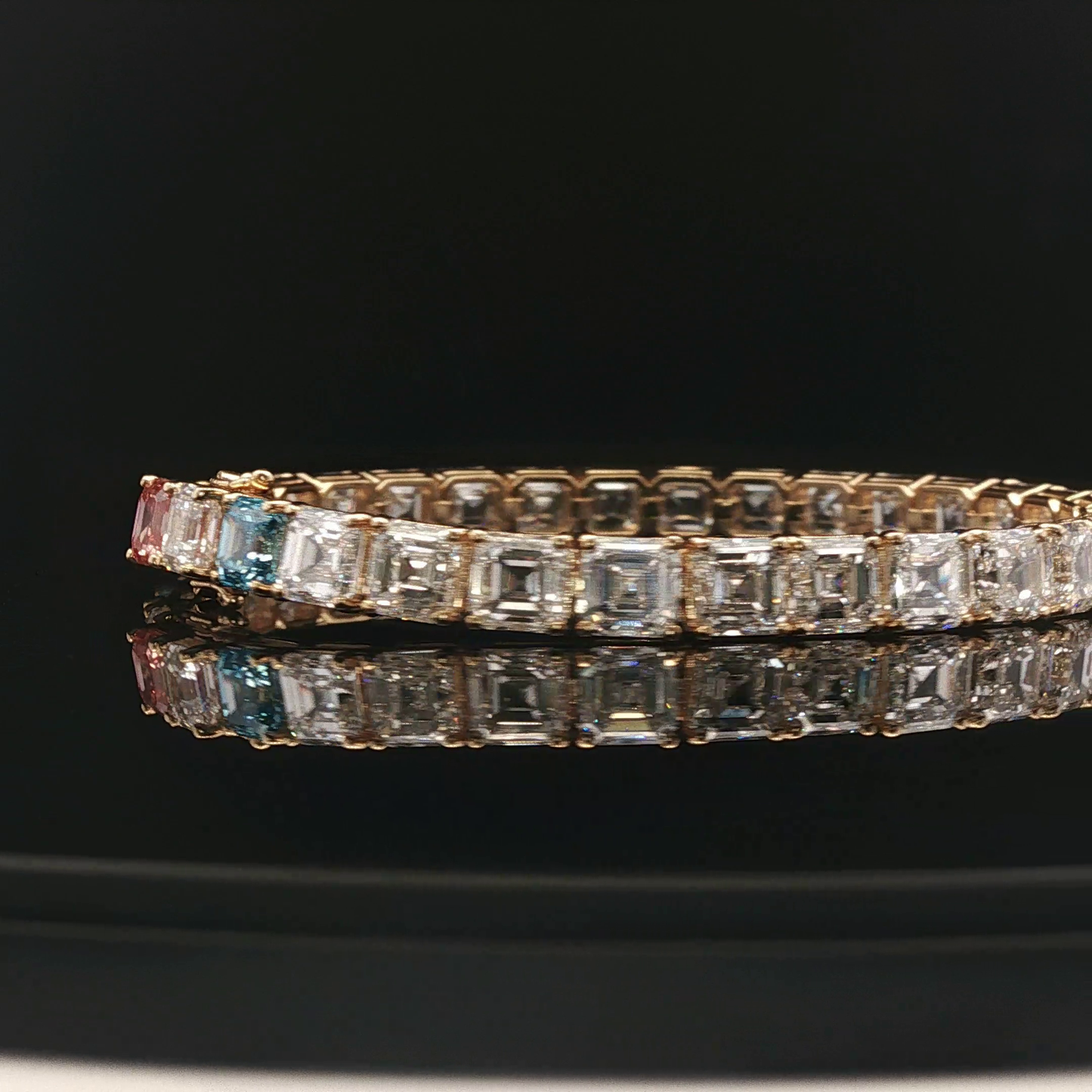 18KY 1ct each Assher Cut Tennis Bracelet 2 blue &1 vivid pink Rest D-E VVS