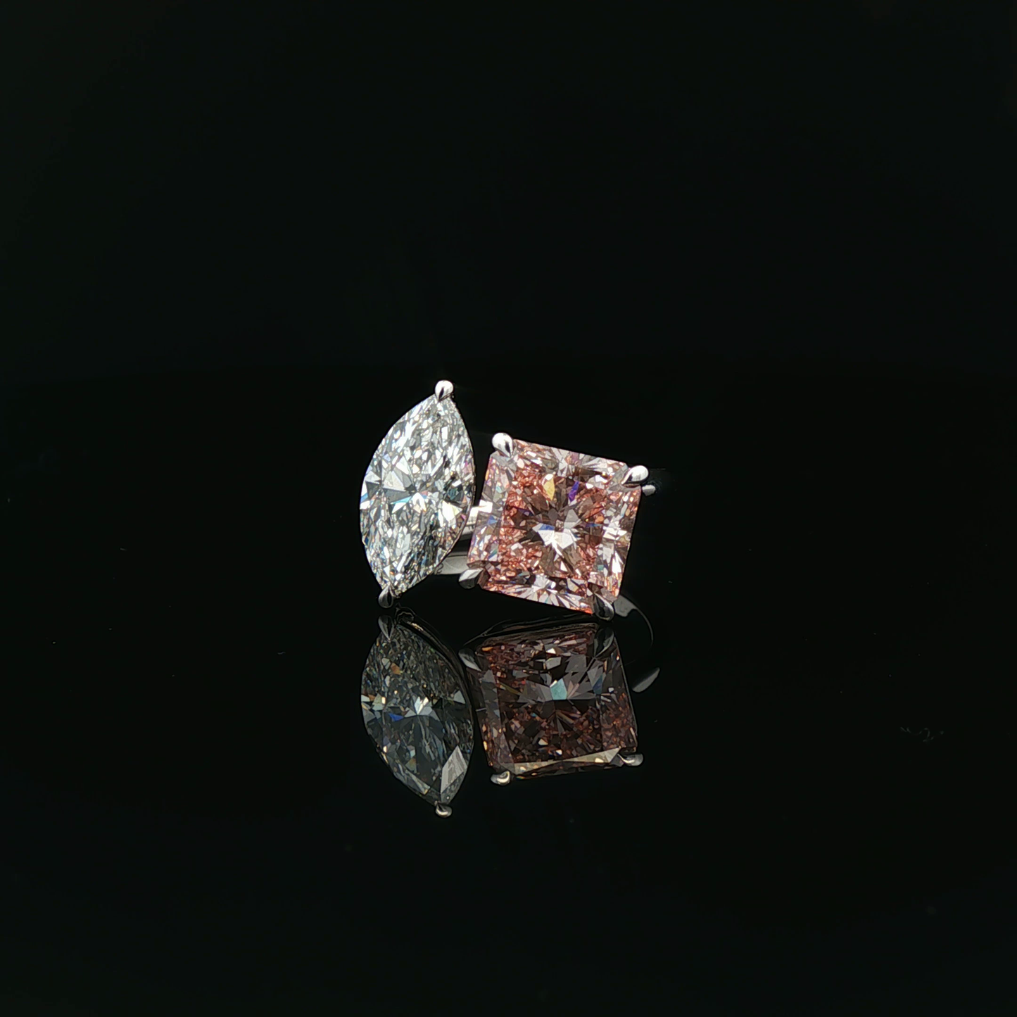 IGI 4.13ct Sqare Radiant Fancy Intense Pink + 2.01ct Marquise  D VVS2 Toi et Moi ring
