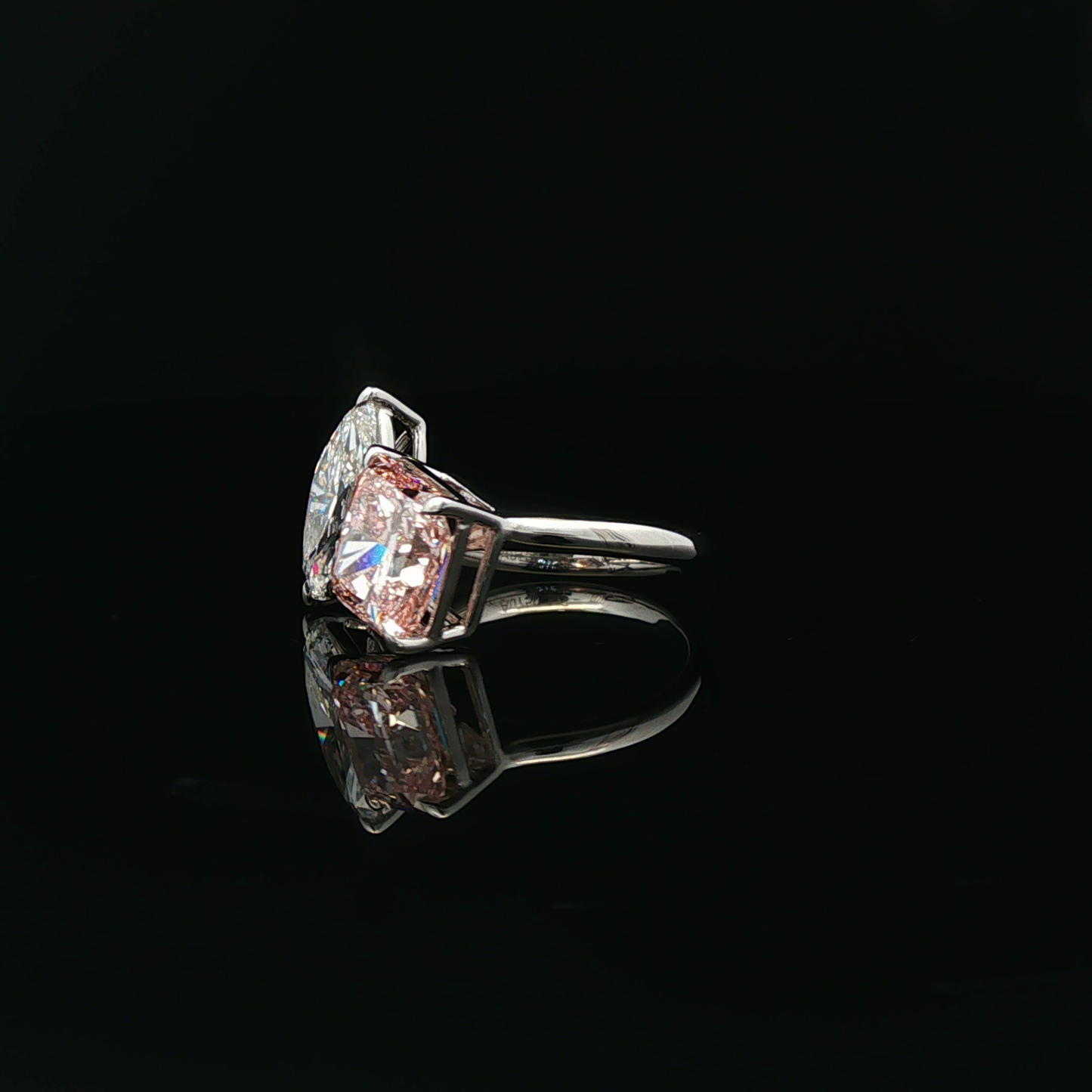 IGI 4.13ct Sqare Radiant Fancy Intense Pink + 2.01ct Marquise  D VVS2 Toi et Moi ring