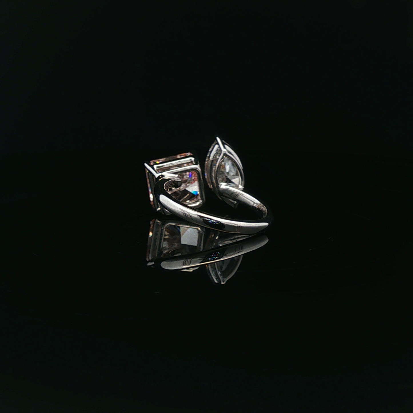 IGI 4.13ct Sqare Radiant Fancy Intense Pink + 2.01ct Marquise  D VVS2 Toi et Moi ring