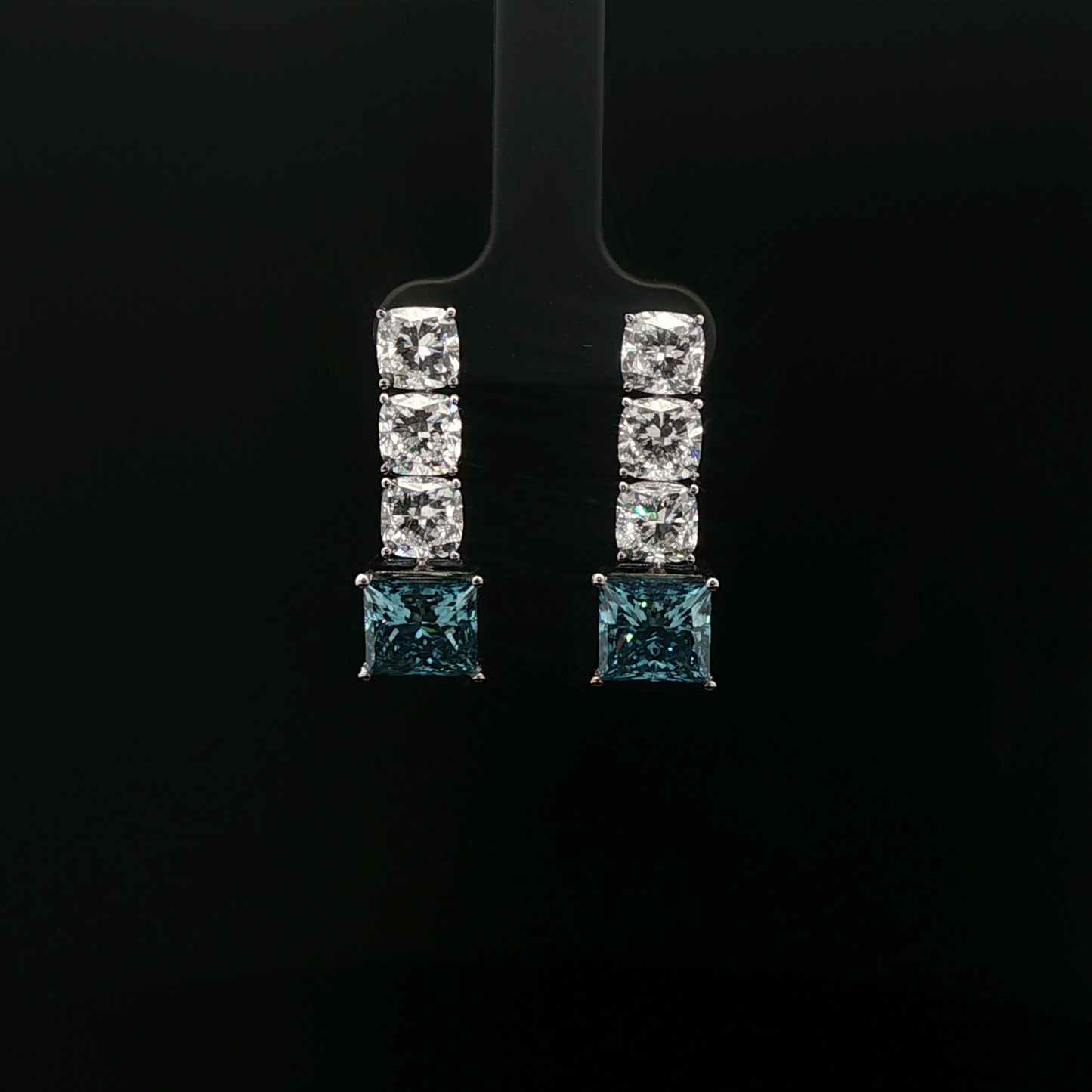 IGI Princess 3.32ct+3.06ct Dangle Earring with 1ct each cushion 18K/W
