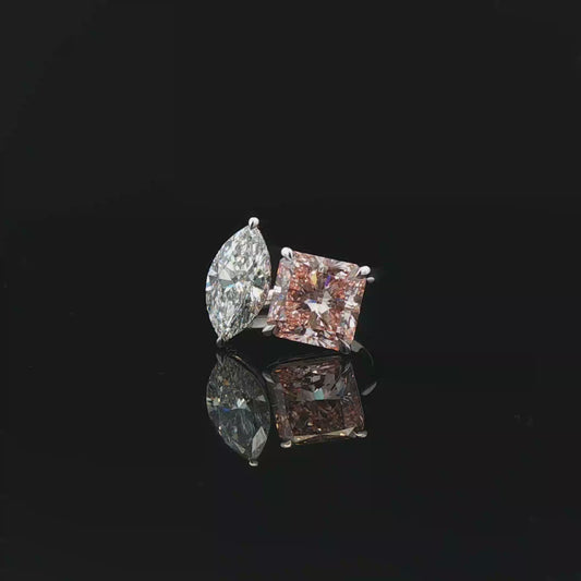 IGI 4.13ct Sqare Radiant Fancy Intense Pink + 2.01ct Marquise  D VVS2 Toi et Moi ring