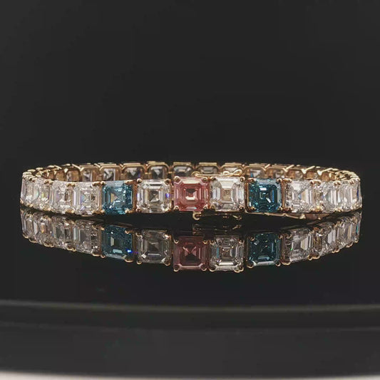18KY 1ct each Assher Cut Tennis Bracelet 2 blue &1 vivid pink Rest D-E VVS